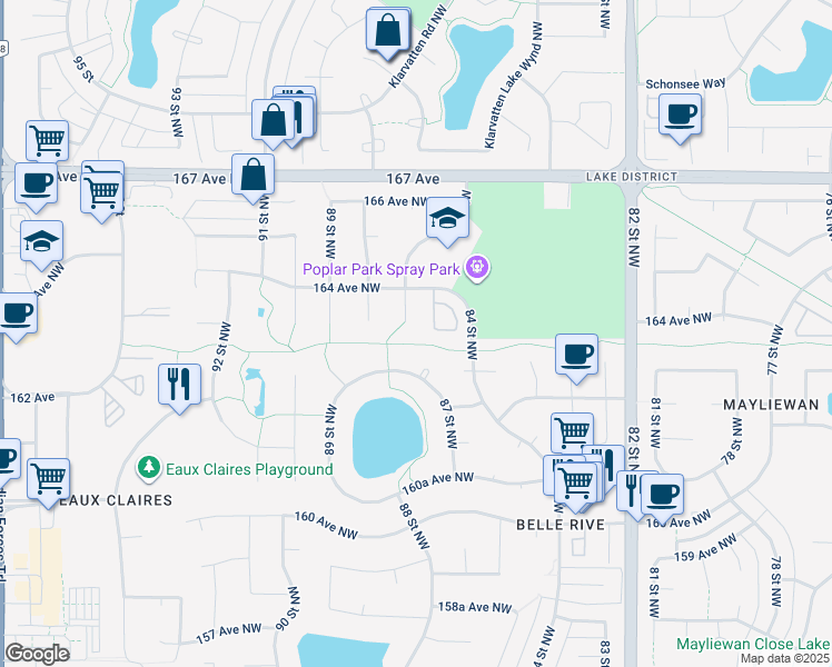 map of restaurants, bars, coffee shops, grocery stores, and more near 16339 87 Street Northwest in Edmonton