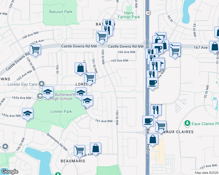 map of restaurants, bars, coffee shops, grocery stores, and more near 16304 100 Street Northwest in Edmonton