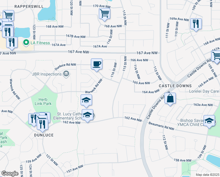 map of restaurants, bars, coffee shops, grocery stores, and more near 31 Warwick Road Northwest in Edmonton