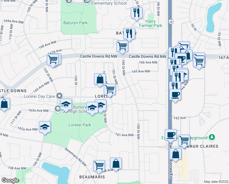 map of restaurants, bars, coffee shops, grocery stores, and more near 10119 164 Avenue Northwest in Edmonton