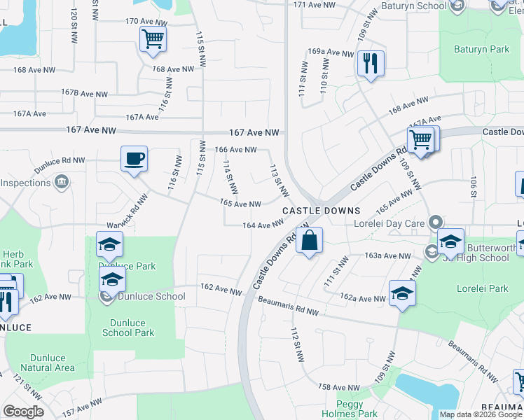 map of restaurants, bars, coffee shops, grocery stores, and more near 11336 165 Avenue Northwest in Edmonton