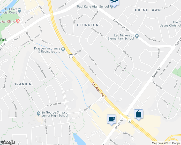 map of restaurants, bars, coffee shops, grocery stores, and more near 56 Sheridan Drive in St. Albert