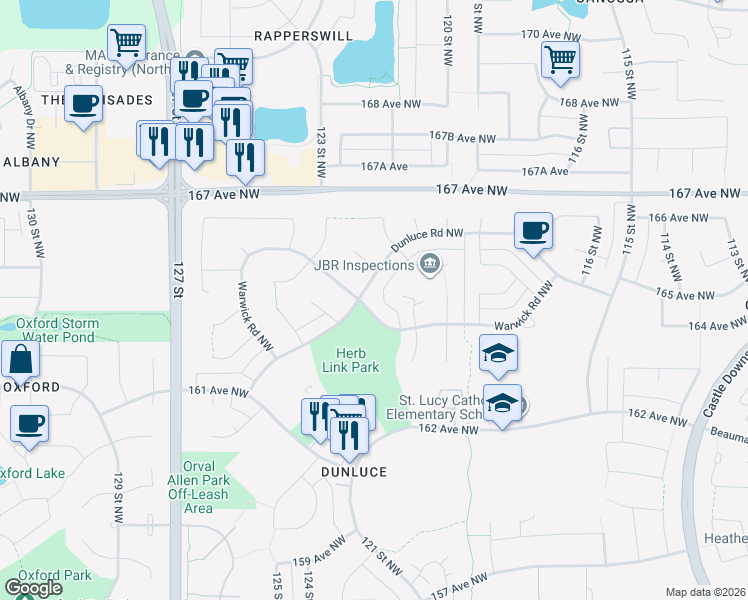 map of restaurants, bars, coffee shops, grocery stores, and more near 225 Dunluce Road Northwest in Edmonton