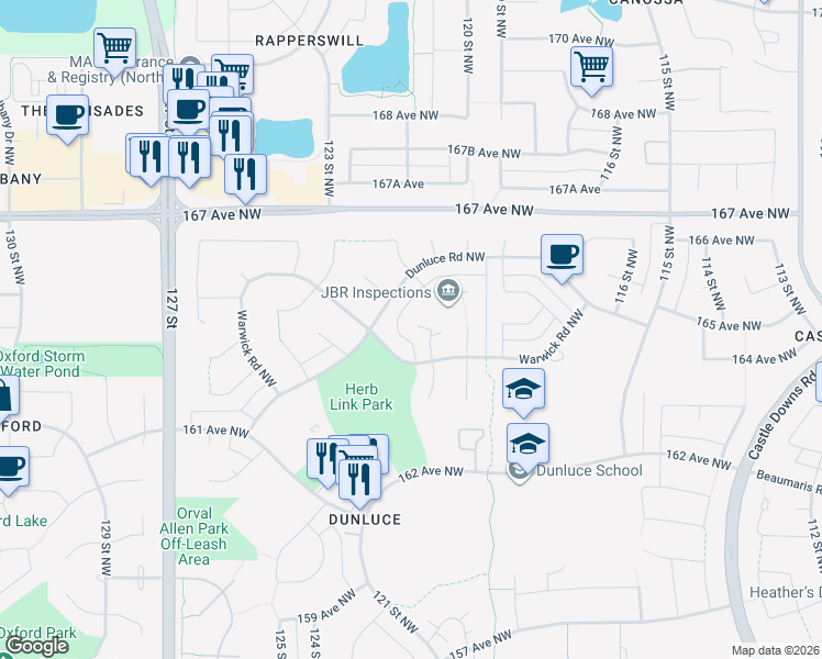 map of restaurants, bars, coffee shops, grocery stores, and more near 225 Dunluce Road Northwest in Edmonton