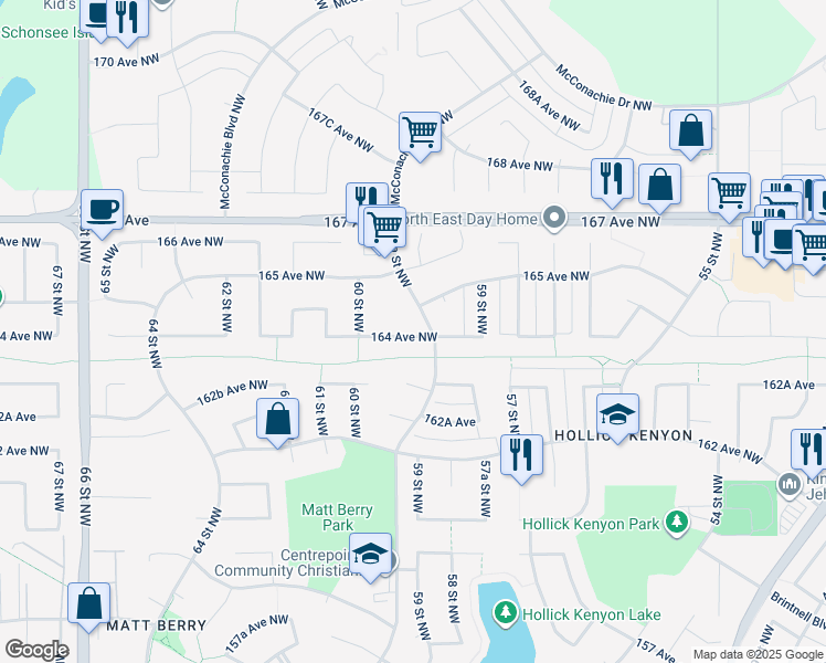 map of restaurants, bars, coffee shops, grocery stores, and more near 5952 164 Avenue Northwest in Edmonton
