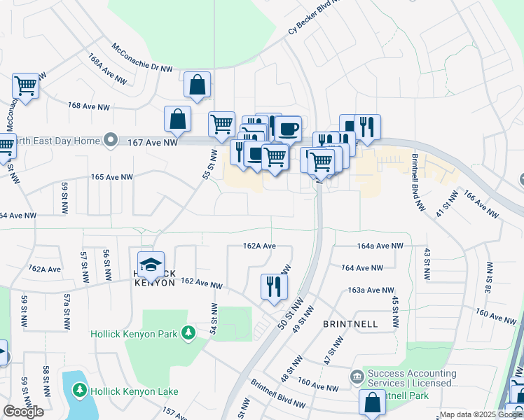 map of restaurants, bars, coffee shops, grocery stores, and more near 5120 164 Avenue Northwest in Edmonton