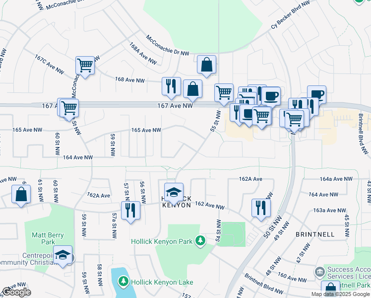 map of restaurants, bars, coffee shops, grocery stores, and more near 16349 55A Street Northwest in Edmonton