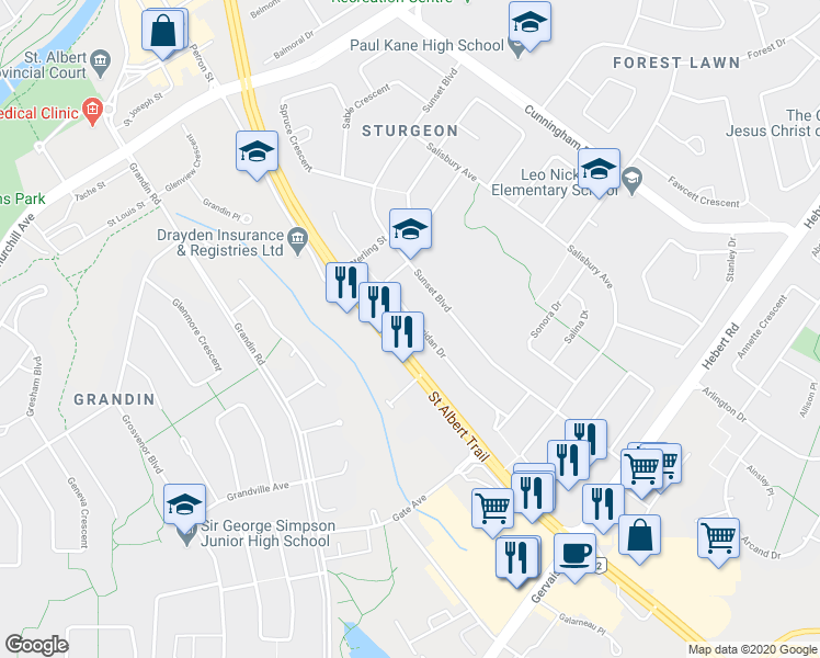 map of restaurants, bars, coffee shops, grocery stores, and more near 56 Sheridan Drive in St. Albert