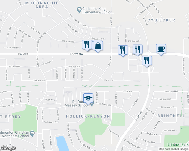 map of restaurants, bars, coffee shops, grocery stores, and more near 16349 55A Street Northwest in Edmonton