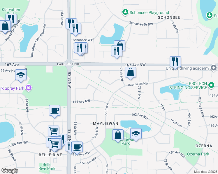 map of restaurants, bars, coffee shops, grocery stores, and more near 7711 166 Avenue Northwest in Edmonton
