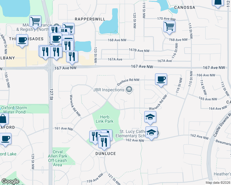map of restaurants, bars, coffee shops, grocery stores, and more near 225 Dunluce Road Northwest in Edmonton