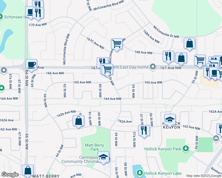 map of restaurants, bars, coffee shops, grocery stores, and more near 5952 164 Avenue Northwest in Edmonton