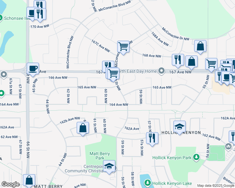 map of restaurants, bars, coffee shops, grocery stores, and more near 5951 165 Avenue Northwest in Edmonton