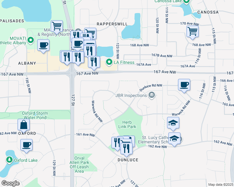 map of restaurants, bars, coffee shops, grocery stores, and more near 252 Warwick Road Northwest in Edmonton