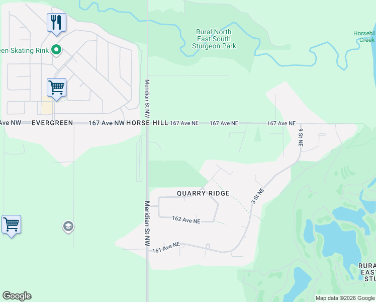 map of restaurants, bars, coffee shops, grocery stores, and more near 16403 Meridian Street Northwest in Edmonton