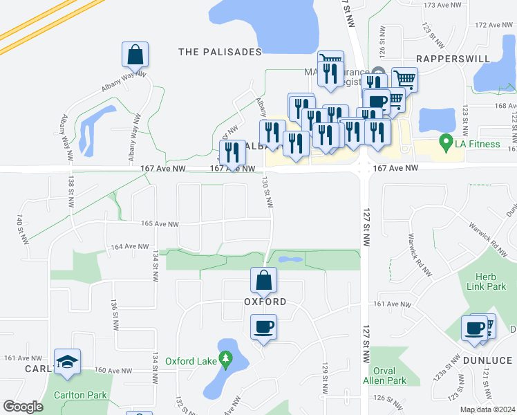 map of restaurants, bars, coffee shops, grocery stores, and more near 16546 130A Street Northwest in Edmonton