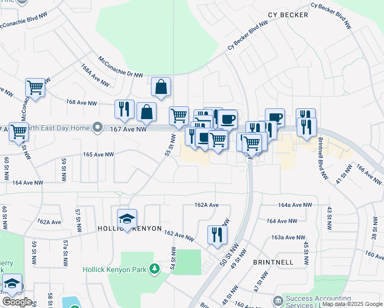 map of restaurants, bars, coffee shops, grocery stores, and more near 5247 167 Avenue Northwest in Edmonton