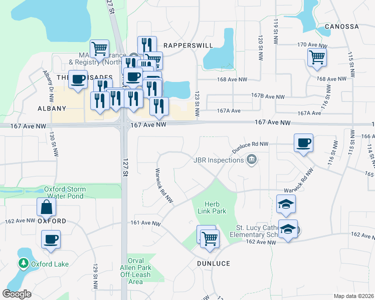 map of restaurants, bars, coffee shops, grocery stores, and more near 131 Warwick Crescent Northwest in Edmonton