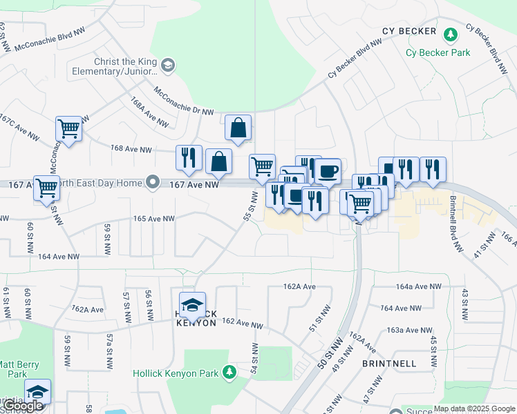 map of restaurants, bars, coffee shops, grocery stores, and more near 16517 55 Street Northwest in Edmonton