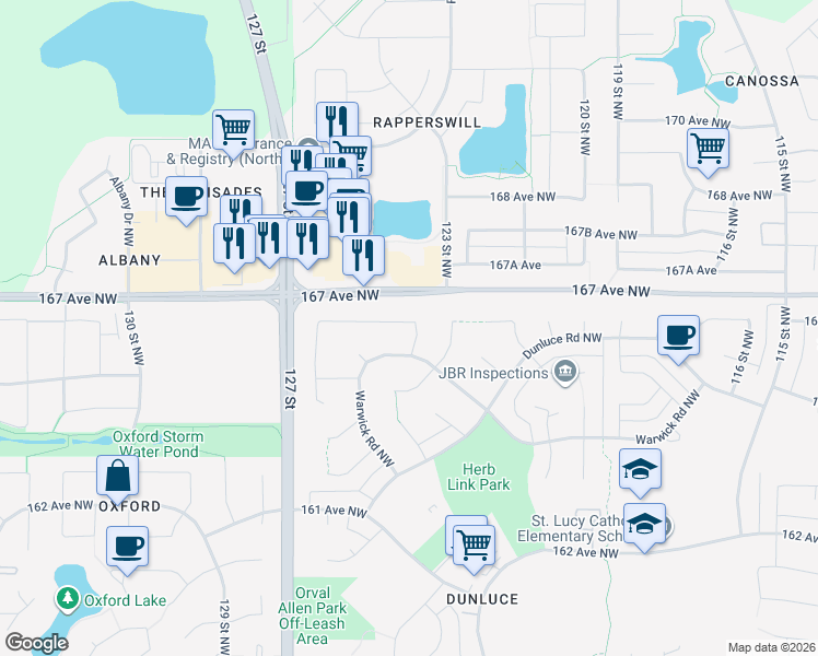 map of restaurants, bars, coffee shops, grocery stores, and more near 131 Warwick Crescent Northwest in Edmonton