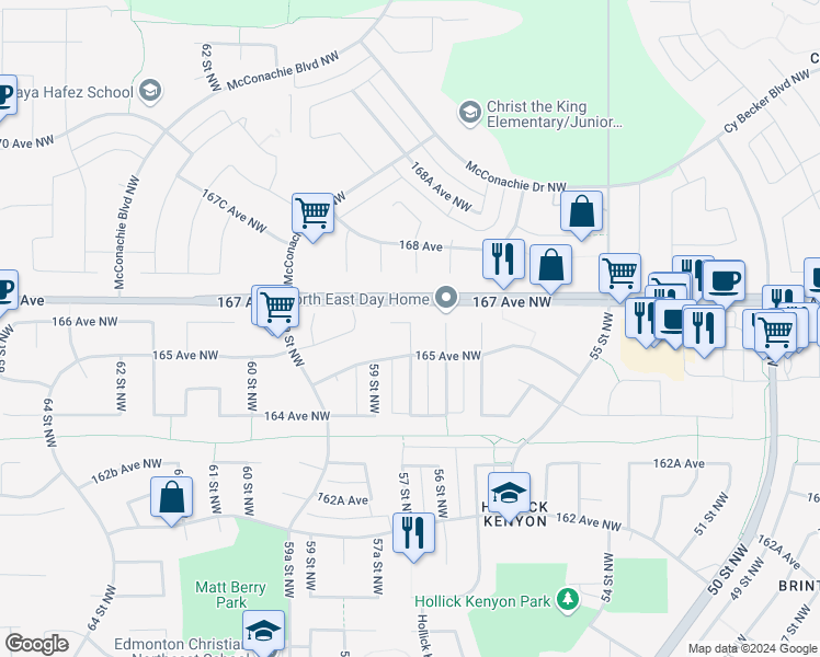 map of restaurants, bars, coffee shops, grocery stores, and more near 17604 58 Street Northwest in Edmonton