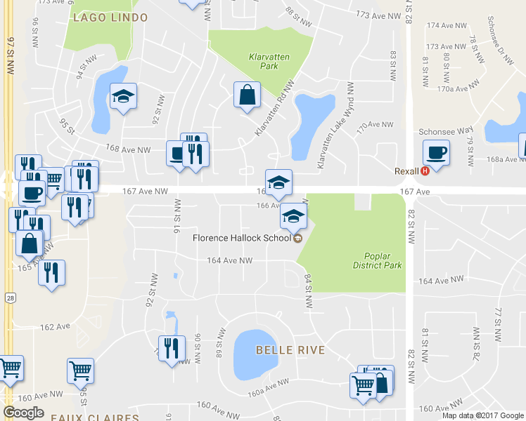 map of restaurants, bars, coffee shops, grocery stores, and more near 8747 166 Avenue Northwest in Edmonton