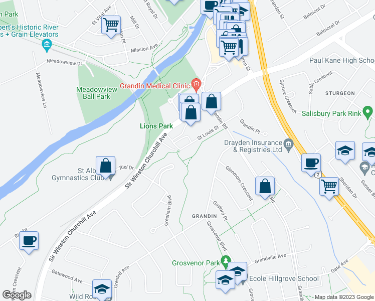map of restaurants, bars, coffee shops, grocery stores, and more near 20 A Sir Winston Churchill Avenue in St. Albert