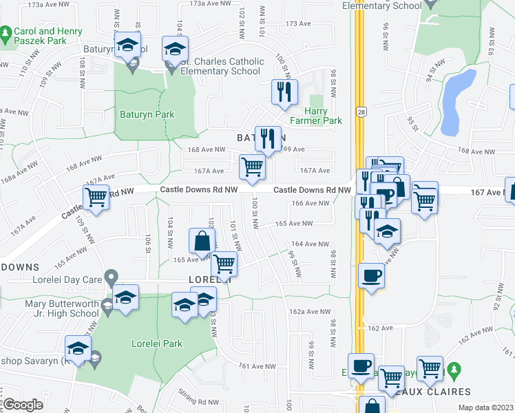 map of restaurants, bars, coffee shops, grocery stores, and more near 16569 100 Street Northwest in Edmonton