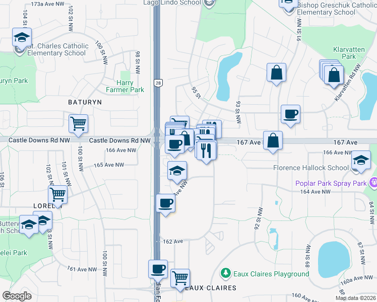 map of restaurants, bars, coffee shops, grocery stores, and more near 9611 167 Avenue Northwest in Edmonton