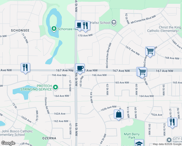 map of restaurants, bars, coffee shops, grocery stores, and more near 16529 63A Street Northwest in Edmonton