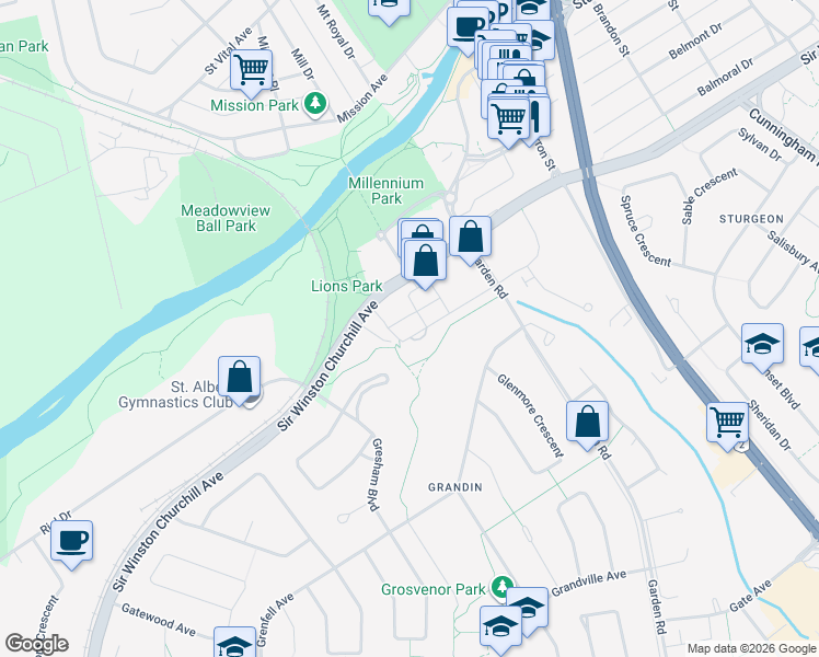 map of restaurants, bars, coffee shops, grocery stores, and more near 20 A Sir Winston Churchill Avenue in St. Albert