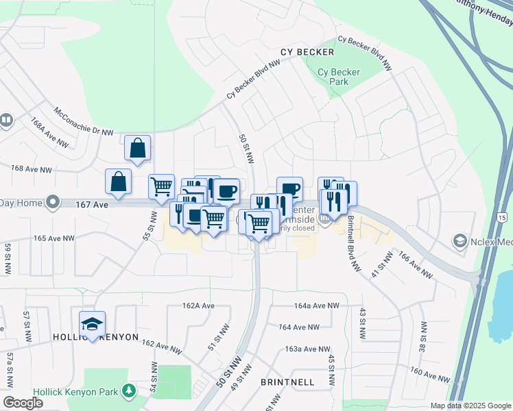 map of restaurants, bars, coffee shops, grocery stores, and more near 50 St NW & 167 Ave NW in Edmonton