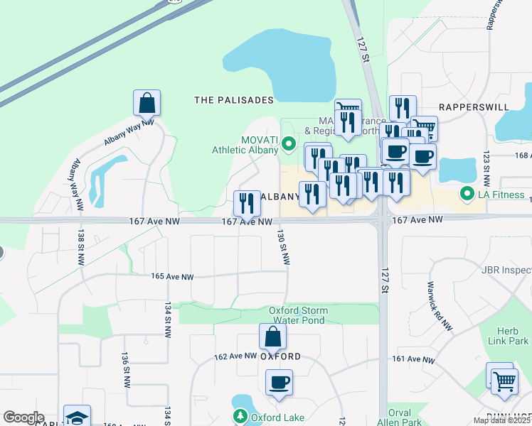 map of restaurants, bars, coffee shops, grocery stores, and more near 130 Albany Drive Northwest in Edmonton