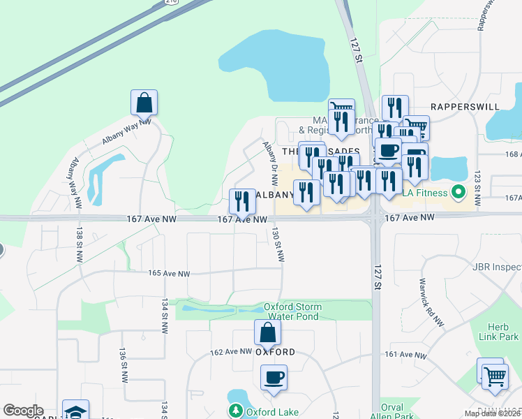map of restaurants, bars, coffee shops, grocery stores, and more near 110 Albany Drive Northwest in Edmonton
