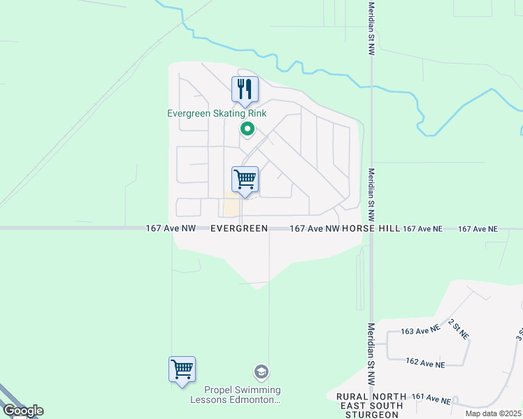 map of restaurants, bars, coffee shops, grocery stores, and more near 131 Evergreen Crescent Northwest in Edmonton