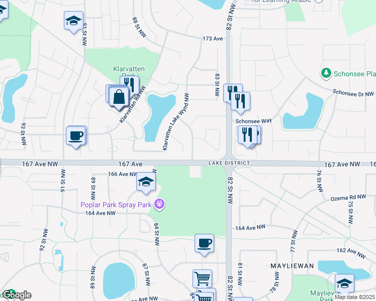 map of restaurants, bars, coffee shops, grocery stores, and more near 828 Klarvatten Close Northwest in Edmonton