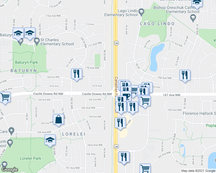map of restaurants, bars, coffee shops, grocery stores, and more near 16715 98 Street Northwest in Edmonton