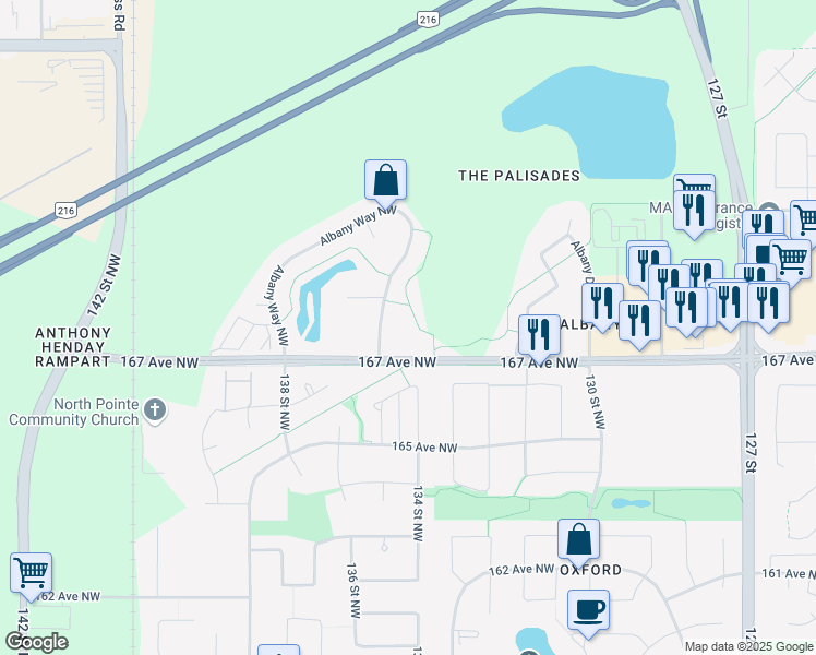 map of restaurants, bars, coffee shops, grocery stores, and more near 507 Albany Way Northwest in Edmonton