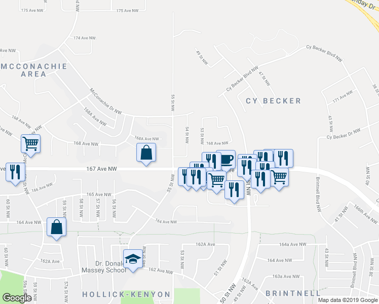 map of restaurants, bars, coffee shops, grocery stores, and more near 16735 54 Street Northwest in Edmonton