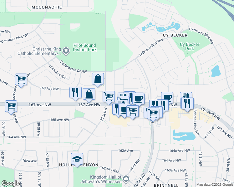 map of restaurants, bars, coffee shops, grocery stores, and more near 16735 54 Street Northwest in Edmonton