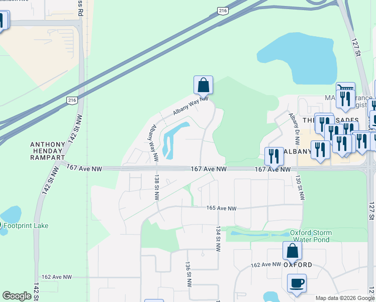 map of restaurants, bars, coffee shops, grocery stores, and more near 721 Albany Place Northwest in Edmonton