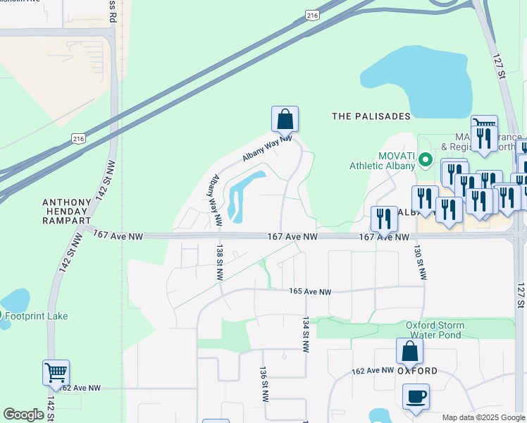 map of restaurants, bars, coffee shops, grocery stores, and more near 721 Albany Place Northwest in Edmonton