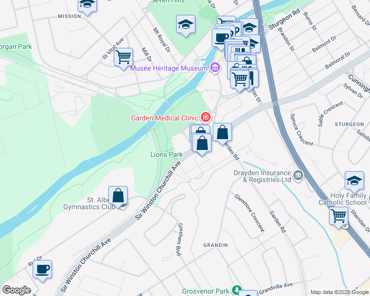 map of restaurants, bars, coffee shops, grocery stores, and more near 3 Tache Street in St. Albert
