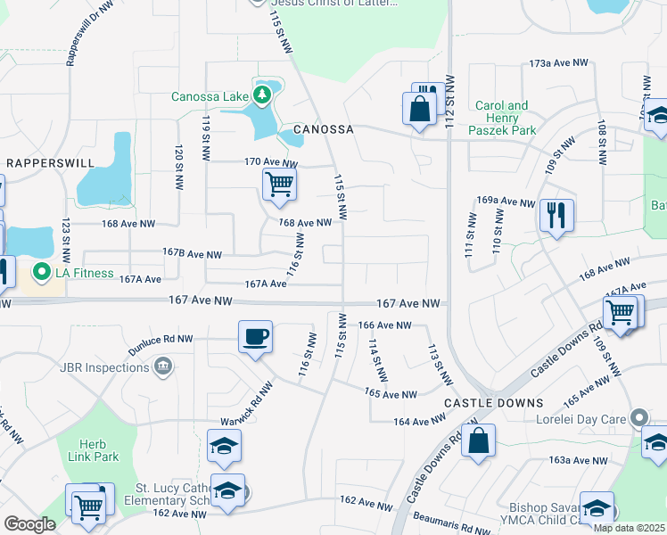 map of restaurants, bars, coffee shops, grocery stores, and more near 16728 115 Street Northwest in Edmonton