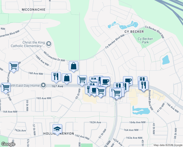 map of restaurants, bars, coffee shops, grocery stores, and more near 16735 54 Street Northwest in Edmonton