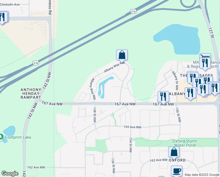 map of restaurants, bars, coffee shops, grocery stores, and more near 721 Albany Place Northwest in Edmonton