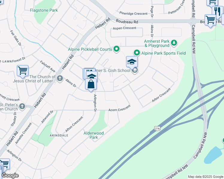 map of restaurants, bars, coffee shops, grocery stores, and more near 43 Akins Drive in St. Albert