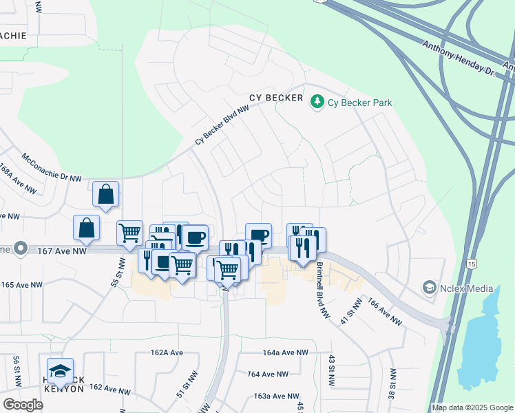 map of restaurants, bars, coffee shops, grocery stores, and more near 853 Cy Becker Drive Northwest in Edmonton