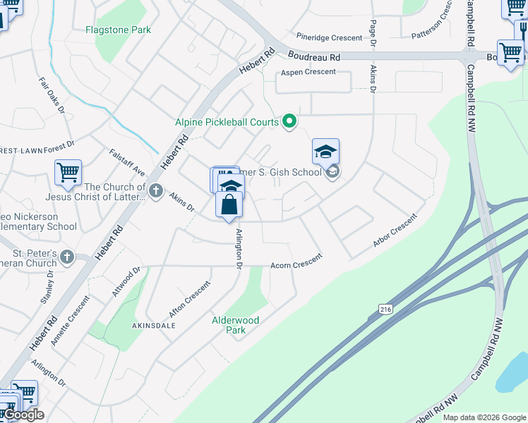 map of restaurants, bars, coffee shops, grocery stores, and more near 43 Akins Drive in St. Albert