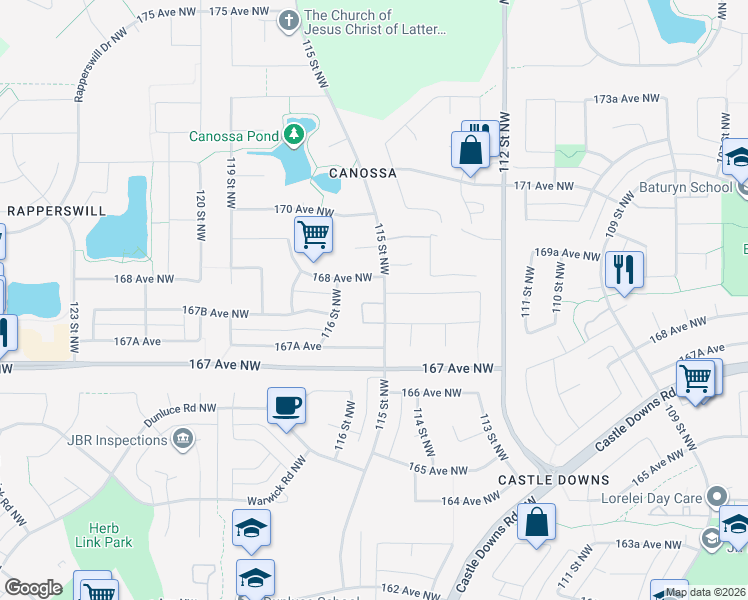 map of restaurants, bars, coffee shops, grocery stores, and more near 16728 115 Street Northwest in Edmonton